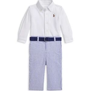 Ralph Lauren White Polo Top with Blue Striped Seersucker Pants, Size 3 months
